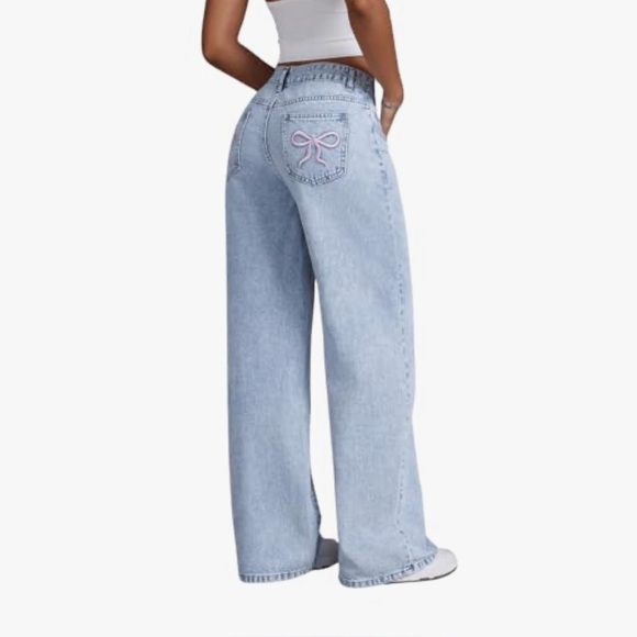 Denim - Bowknot Embroidery Jeans Y2k Straight Leg Boyfriend Denim Pants